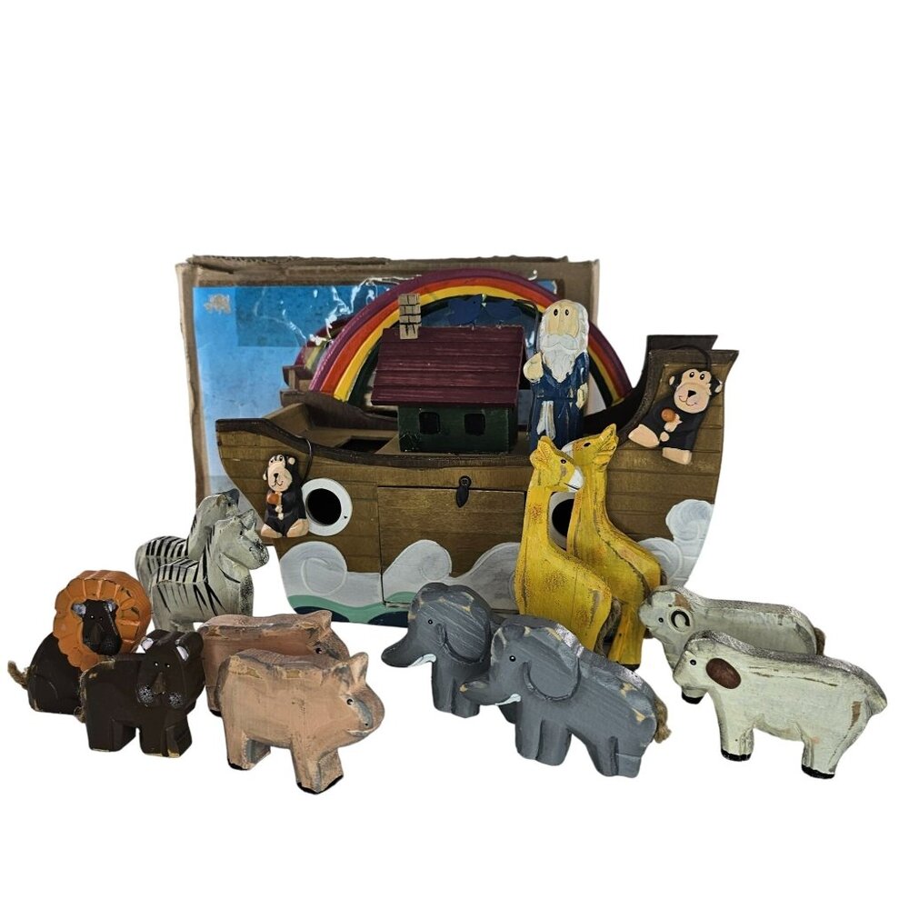 Delton Wood Noahs Ark Toy Animal Figures 8 Pairs Rainbow Handle Rustic Folk Art